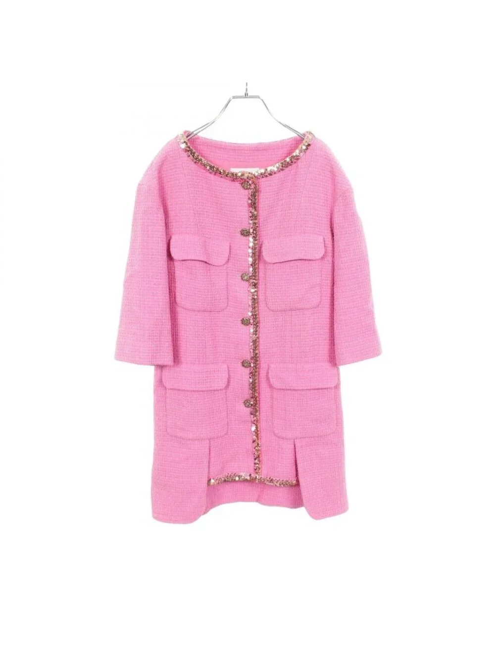 Chanel Dress CC Logo Button Tweed Pink Cotton
